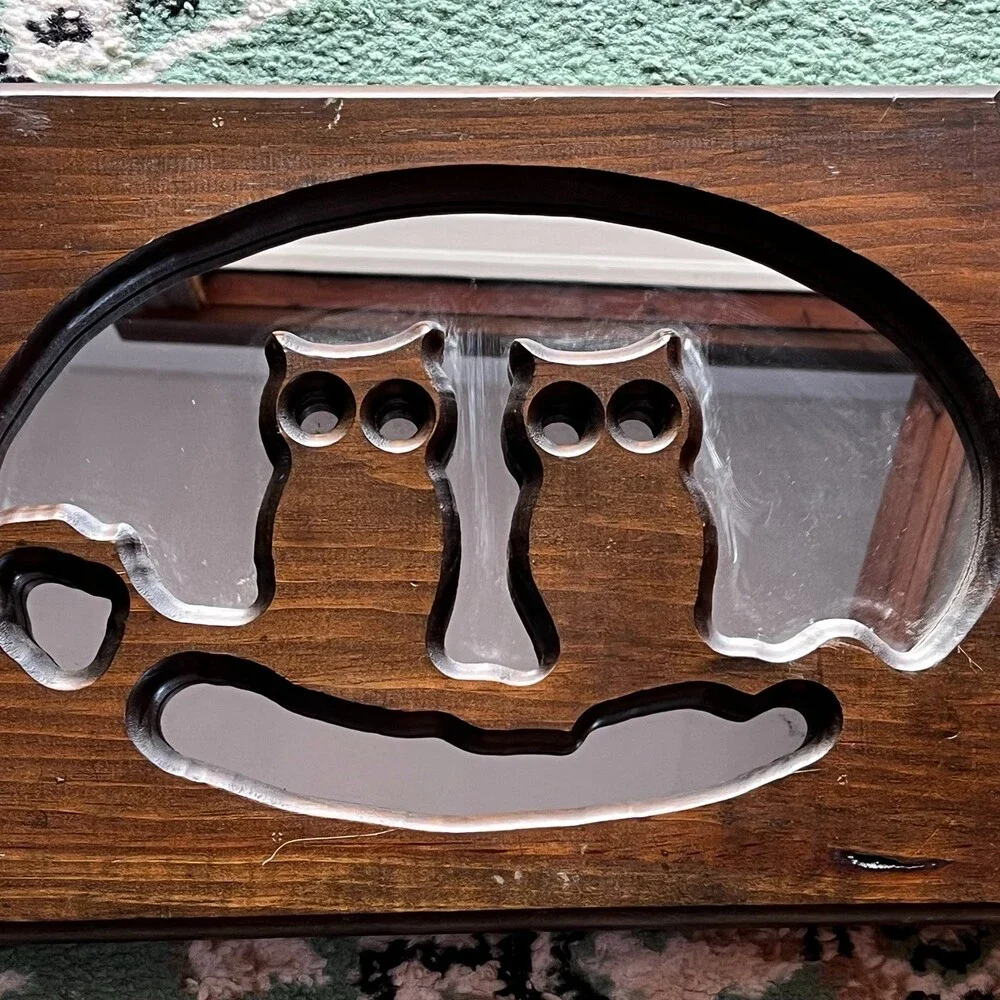 VTG Hand Carved Wooden Owl Wall Mirror Mid Century Rustic Cabin Decor 18